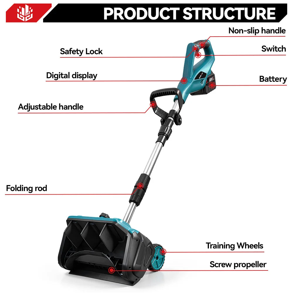ONEVAN Brushless snow sweeper in black and blue, product structure detail.