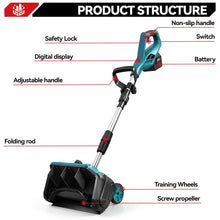 ONEVAN Brushless snow sweeper in black and blue, product structure detail.