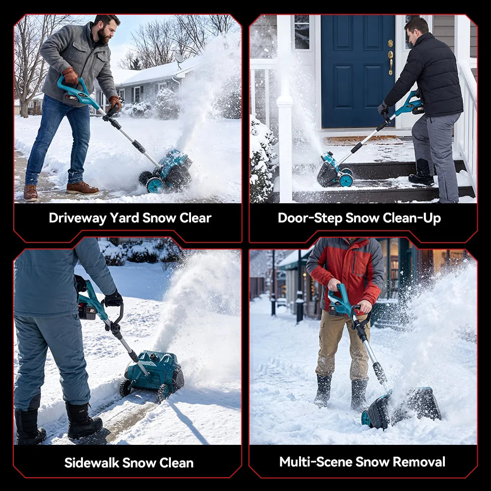 ONEVAN Brushless snow sweeper in blue, man using in outdoor setting.