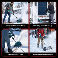 ONEVAN Brushless snow sweeper in blue, man using in outdoor setting.