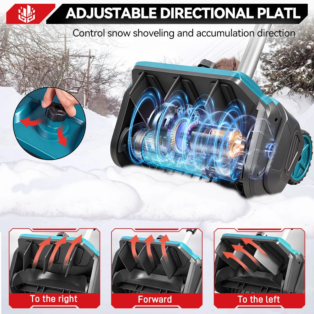 ONEVAN Brushless snow sweeper in blue, man using from multiple angles.