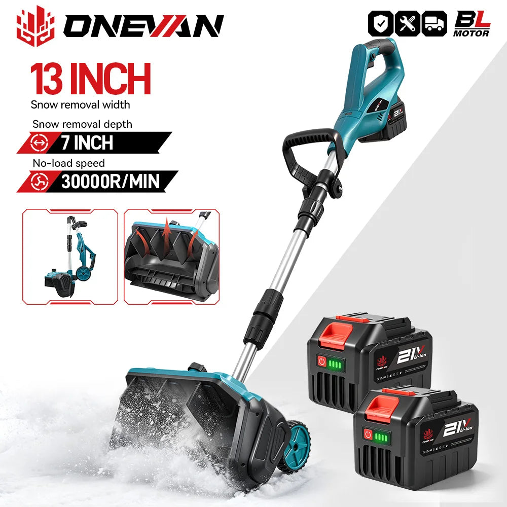 ONEVAN Brushless snow sweeper in blue, packaging view.