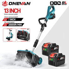 ONEVAN Brushless snow sweeper in blue, packaging view.