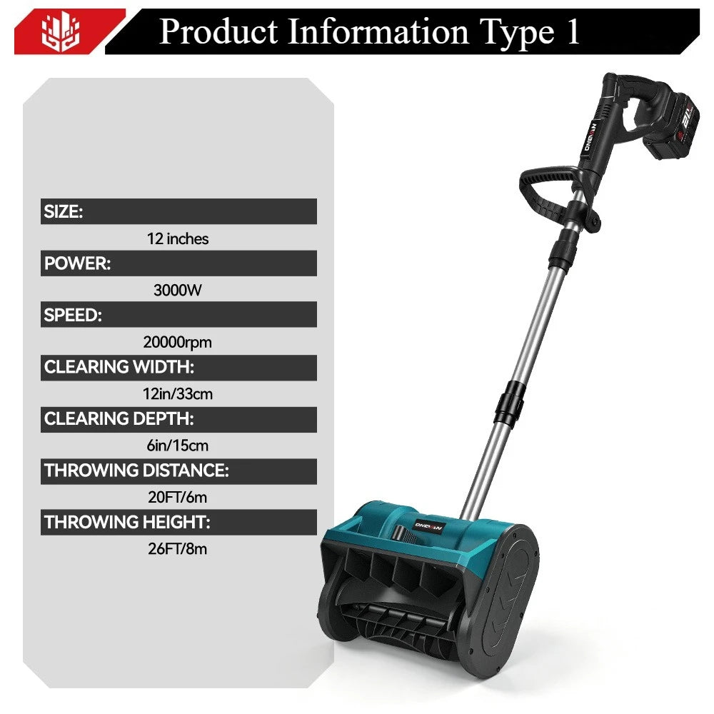 ONEVAN brushless electric snow shovel featuring ergonomic handle and adjustable height on white background