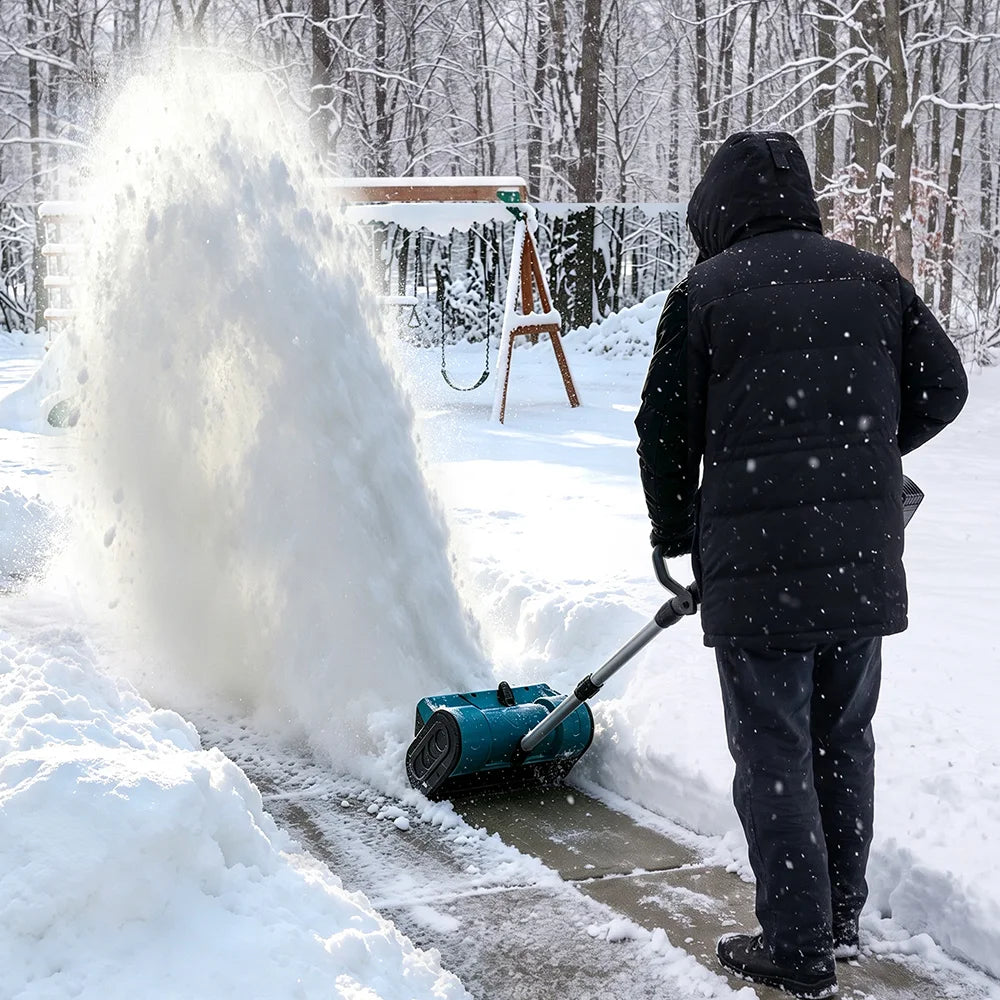 ONEVAN brushless electric snow shovel in use with snow being thrown in a winter setting
