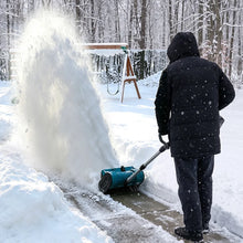 ONEVAN brushless electric snow shovel in use with snow being thrown in a winter setting