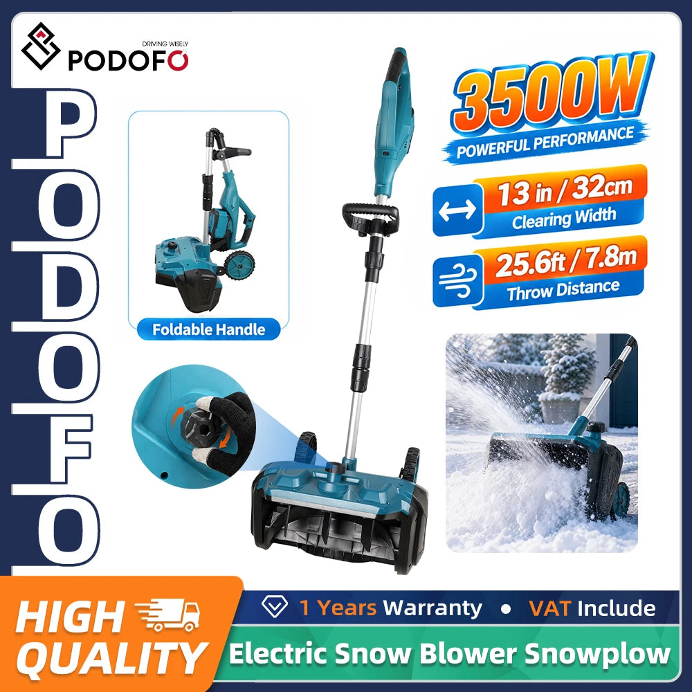 Podofo electric snow blower in packaging with blue and black colors.