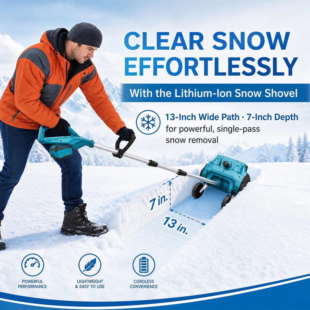 Podofo snow blower in use by a man outdoors, featuring blue and orange colors.