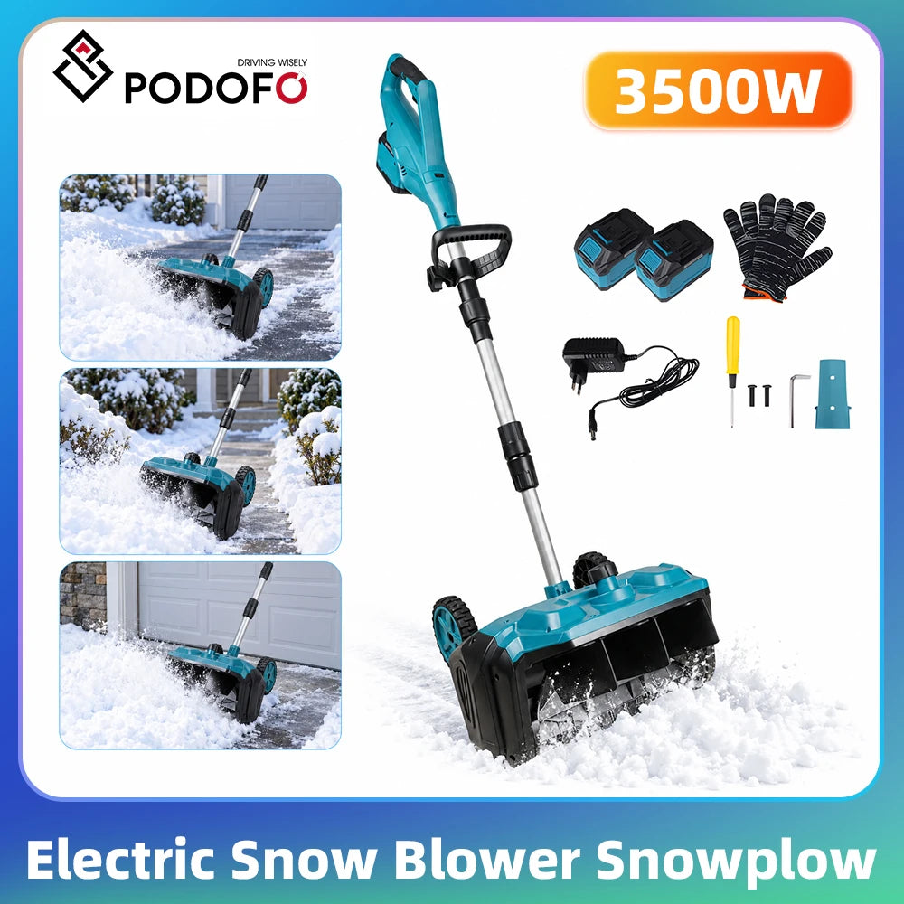 Podofo electric snow blower packaging with blue and black colors.