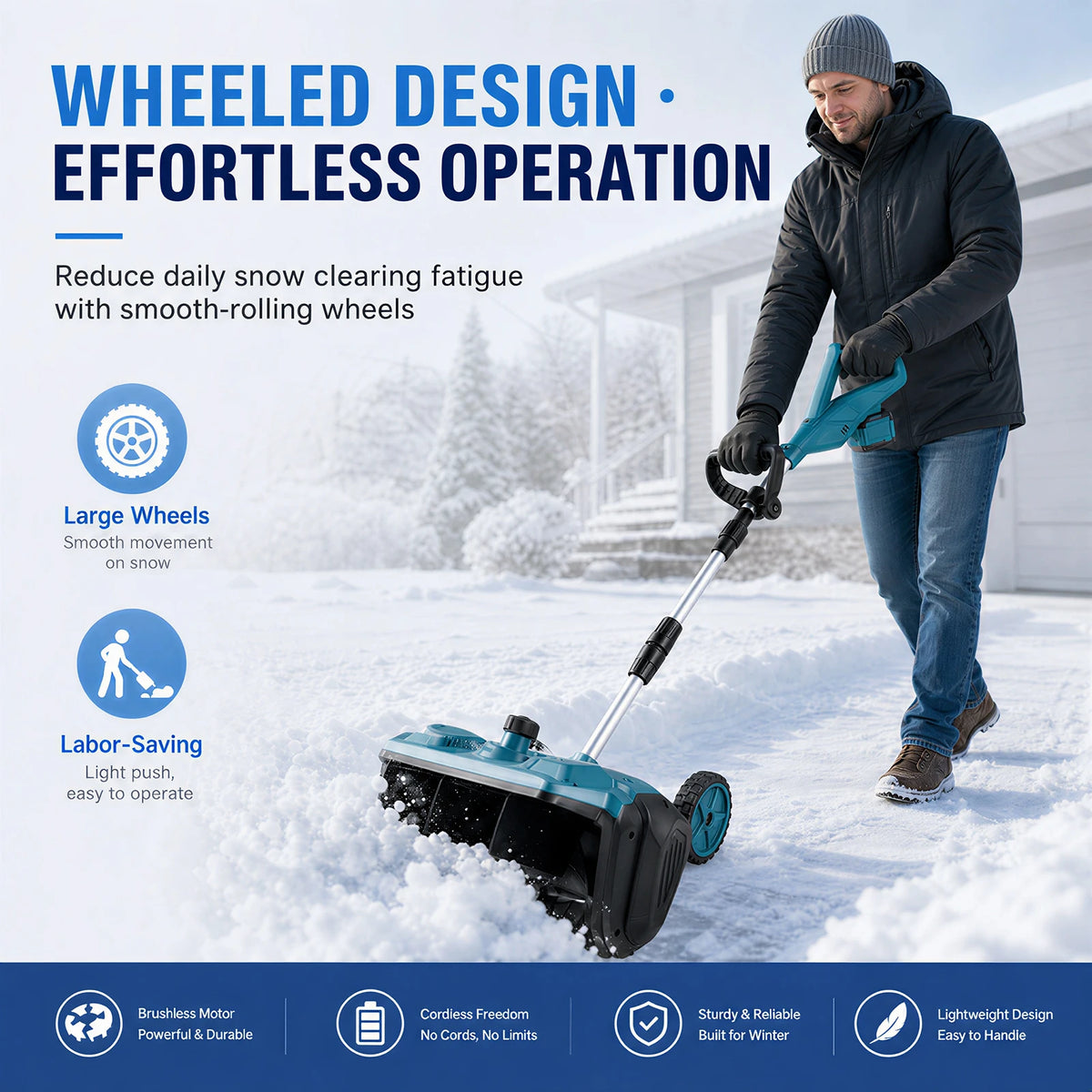 Operation of Podofo snow shovel showcasing wheeled design in blue, black, and white.