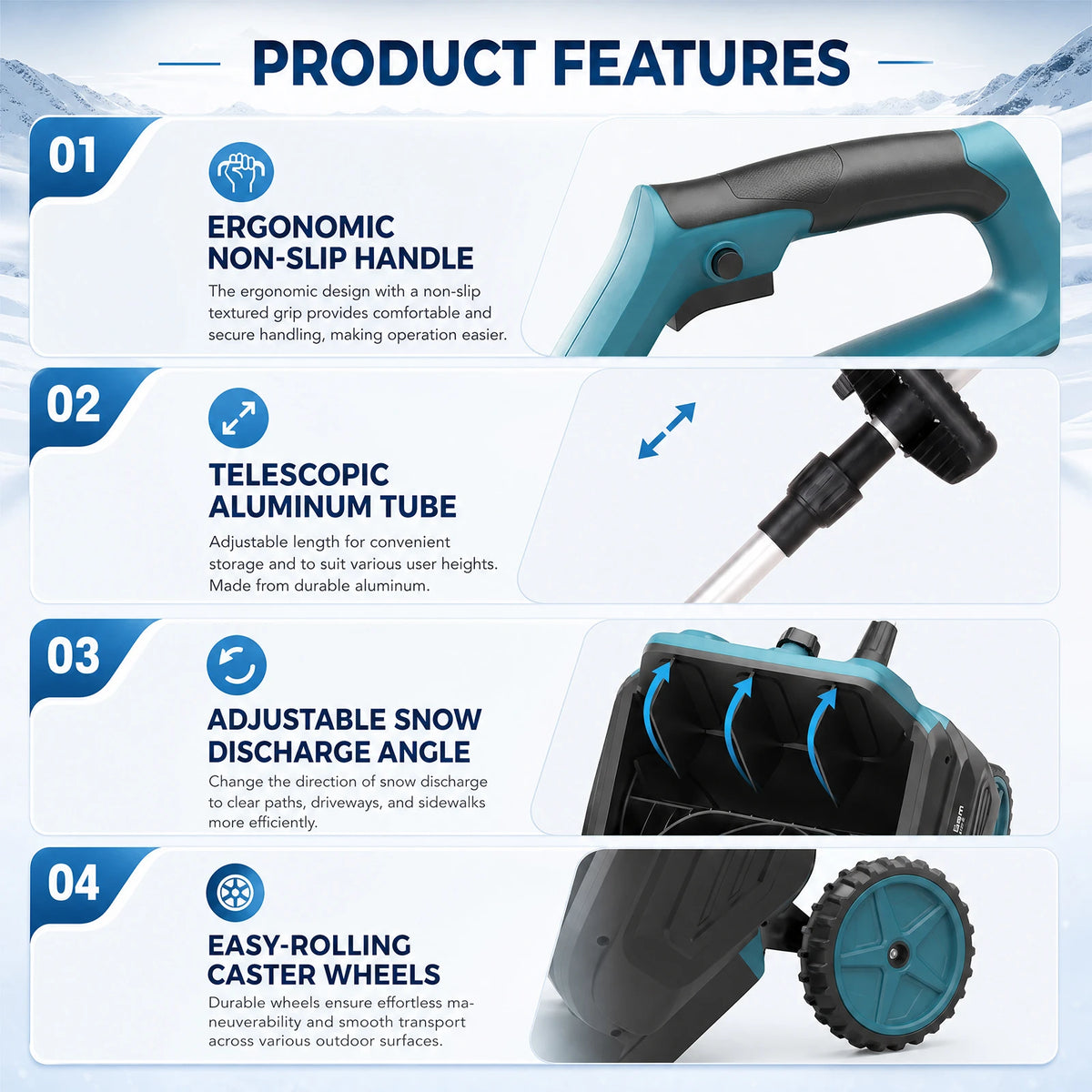 Podofo snow shovel features ergonomic handle and adjustable tube in blue, black, and white.