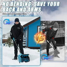 Podofo snow thrower in blue, person shoveling snow outdoors.