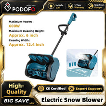 Podofo electric snow blower in packaging, blue and black colors.