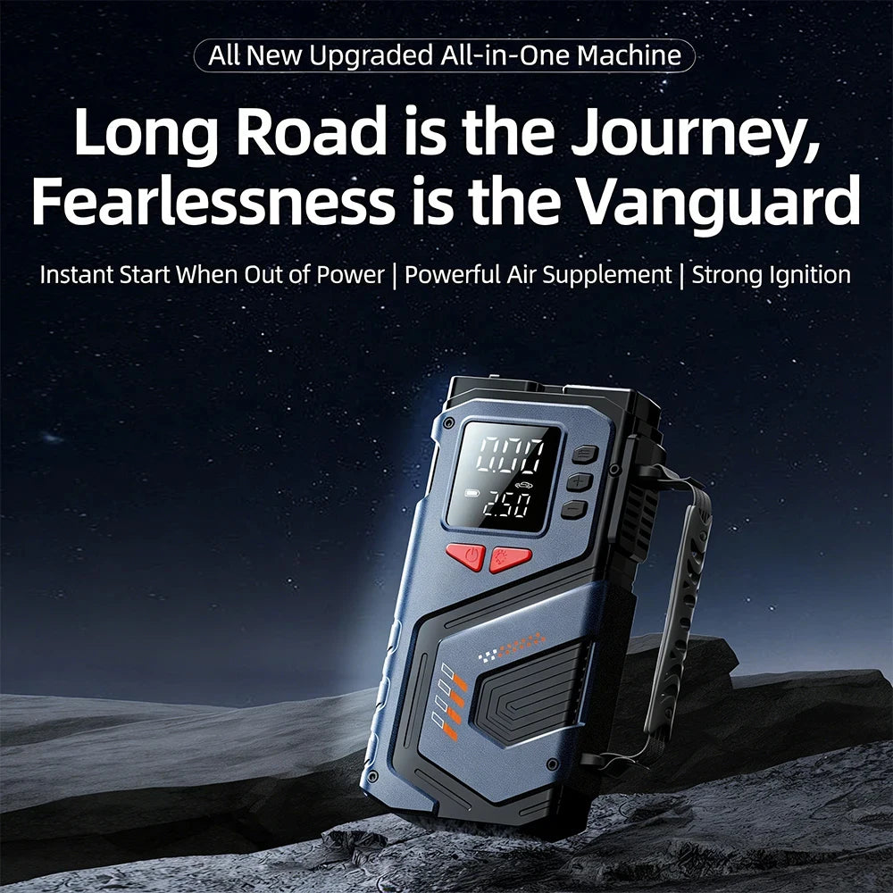 Product advertisement featuring the jump starter with motivational text on a solid-color background