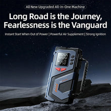Product advertisement featuring the jump starter with motivational text on a solid-color background