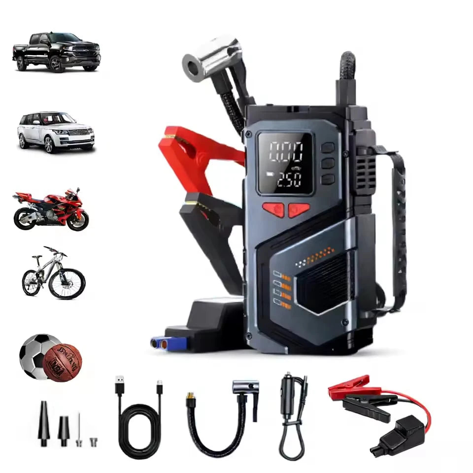 Portable jump starter in black and red with a compact design on a white background
