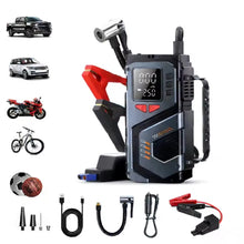 Portable jump starter in black and red with a compact design on a white background