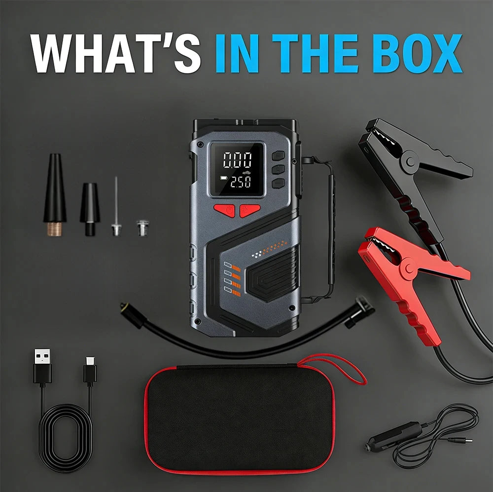 Lifestyle shot of the jump starter kit with various cables on a solid-color background