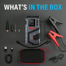 Lifestyle shot of the jump starter kit with various cables on a solid-color background
