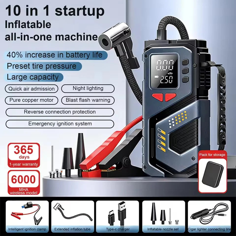 Packaging of the jump starter highlighting multiple functions and compact design on a white background