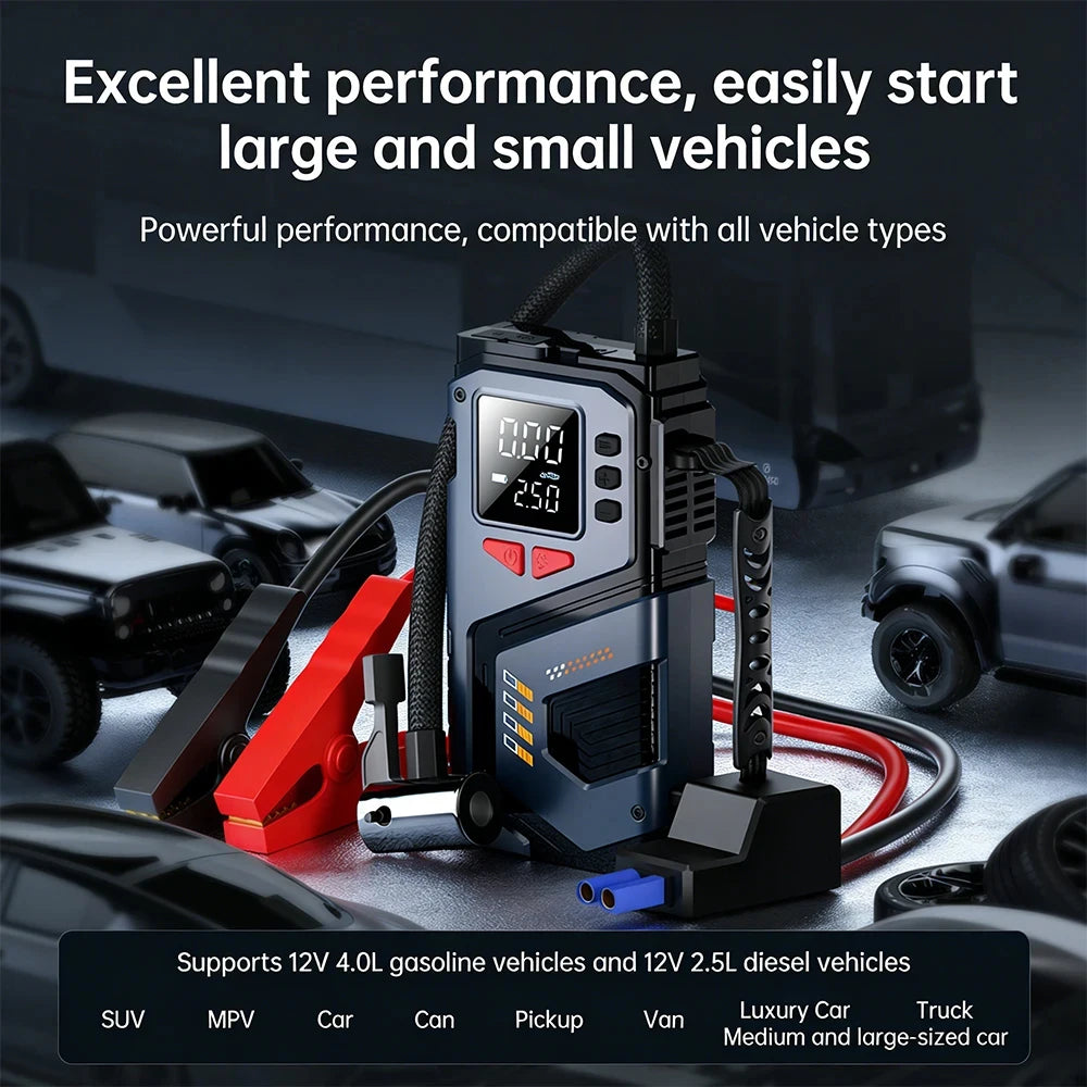 Performance advertisement of the jump starter with product image on a solid-color background