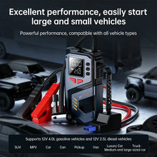 Performance advertisement of the jump starter with product image on a solid-color background