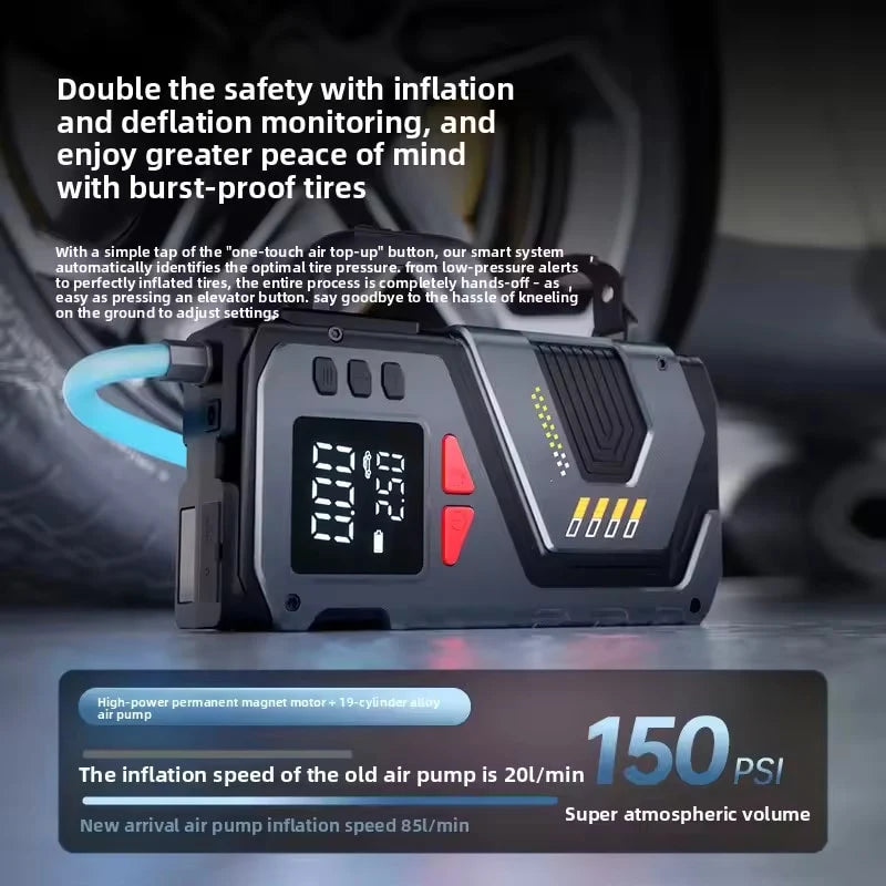 Specifications of the jump starter in black and white with 12000mAh capacity
