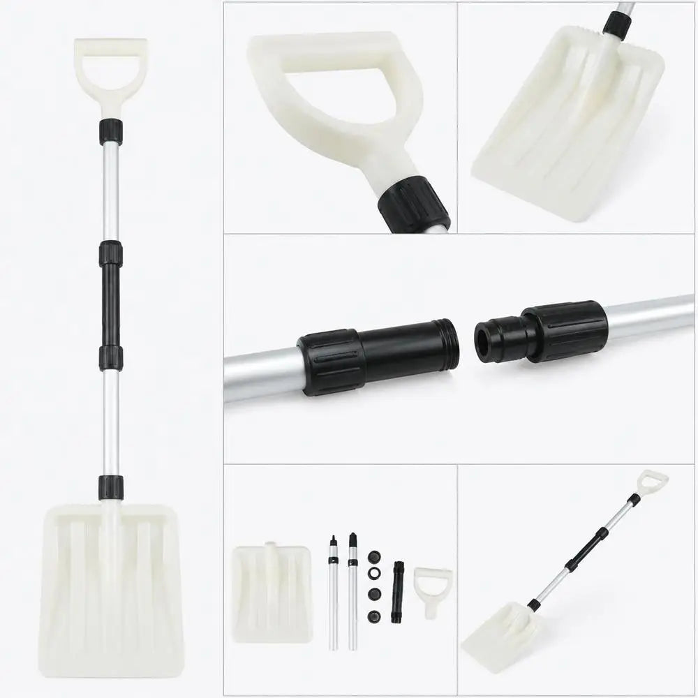 Close-up of white shovel featuring ergonomic handle and adjustable length.