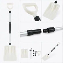 Close-up of white shovel featuring ergonomic handle and adjustable length.