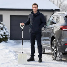 Detail view of snow shovel components showing white shovel blade and extendable handle.