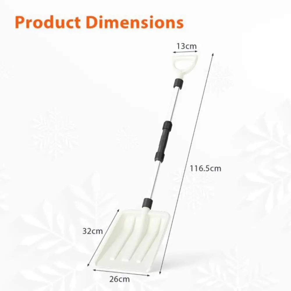 Dimensions of the snow shovel displayed with measurement labels on a white background.