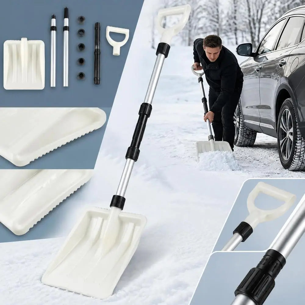 Man holding a snow shovel in a snowy environment, showcasing the product's use.