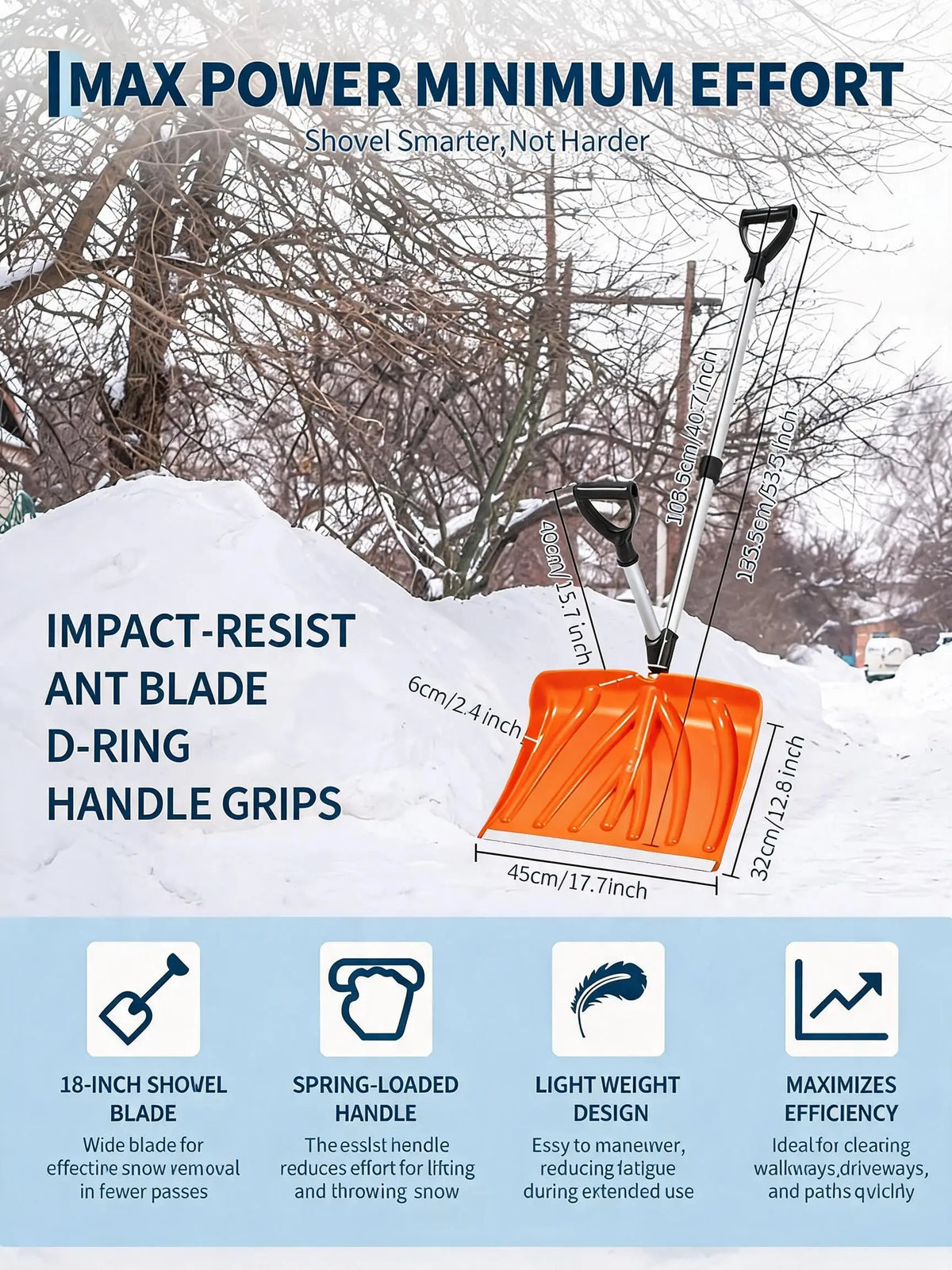 Group using snow shovels in a snowy environment, featuring black and orange colors.