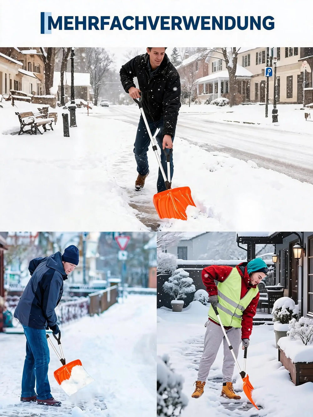 Snow shovel in use by people in winter clothing on a snowy street.