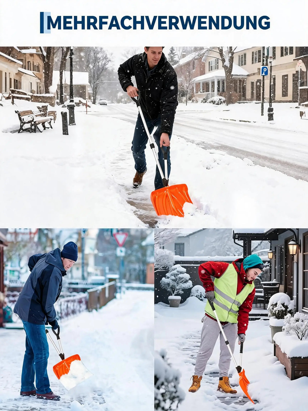 Snow shovel with orange blade, people shoveling snow outdoors.