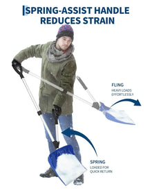 Person using snow shovel with spring-assist handle outdoors.