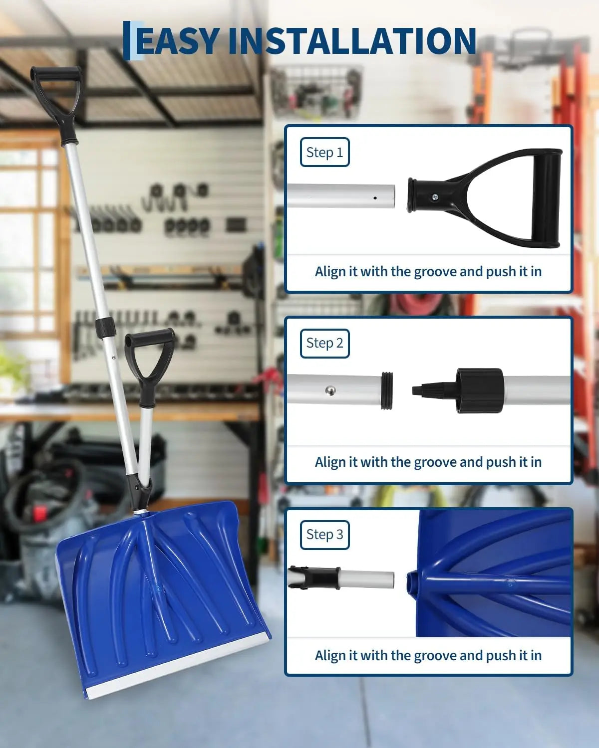 Installation guide for snow shovel with clear instructions.