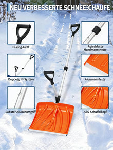 Snow safety equipment including shovel and safety tips on a solid background.