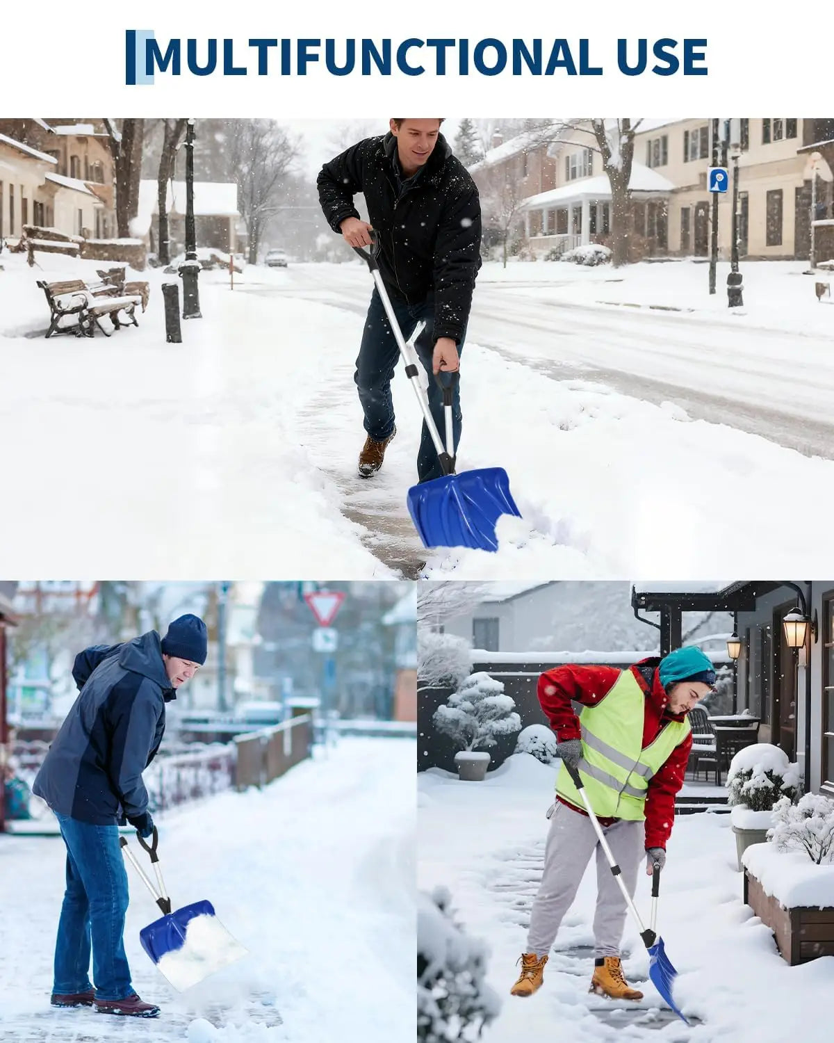 Snow shovel with orange blade, people shoveling snow outdoors.