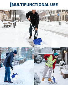 Snow shovel with orange blade, people shoveling snow outdoors.