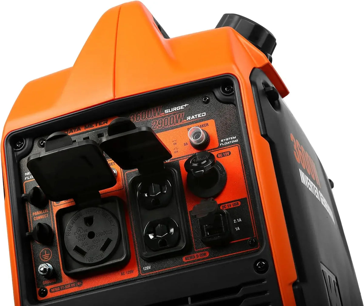 Back view of the orange portable generator highlighting the exhaust port.