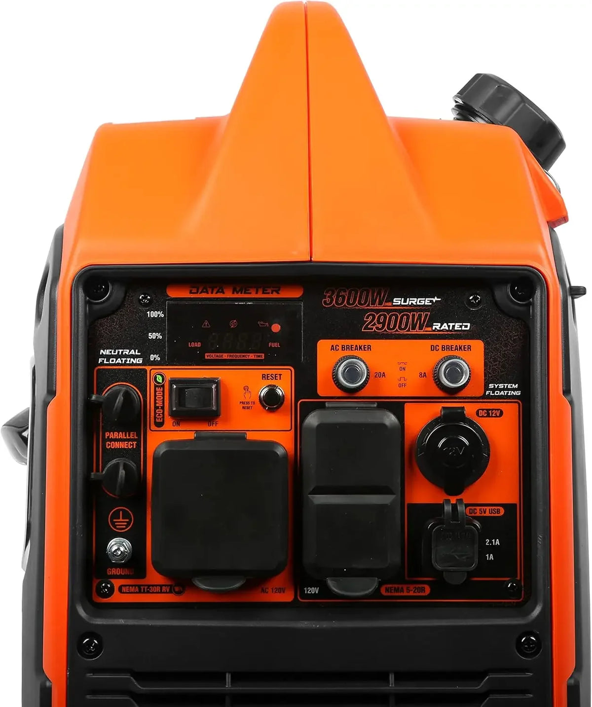 Front view of the orange generator displaying the power outlets.