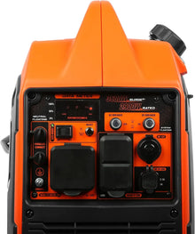 Front view of the orange generator displaying the power outlets.