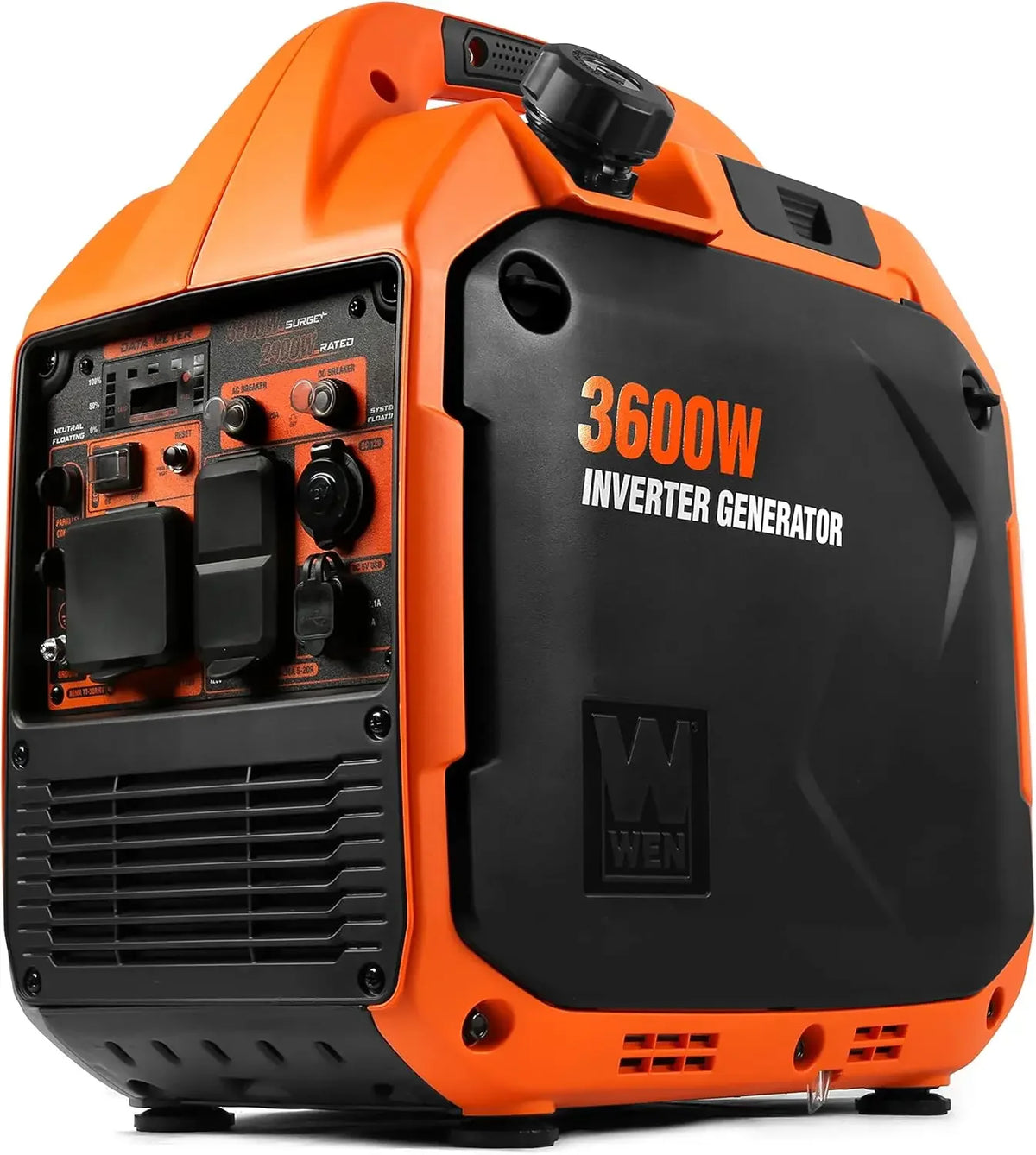 Side view of the 3600-watt portable inverter generator showcasing the control panel.