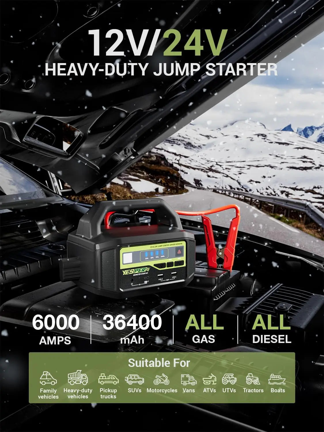 YESPER heavy-duty jump starter in black and red with 12V/24V compatibility.
