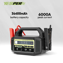 YESPER jump starter with LED display and 6000A peak current in black and red.