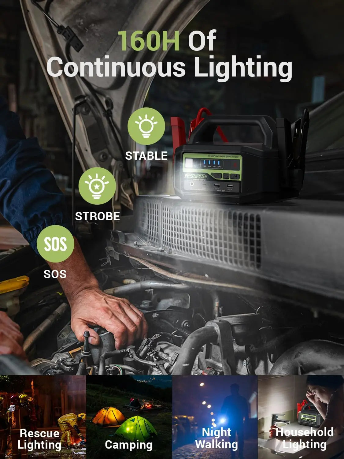YESPER jump starter features continuous lighting held in hand, in black and green.
