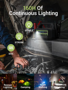YESPER jump starter features continuous lighting held in hand, in black and green.