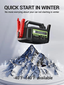 YESPER jump starter in black and green, set against a mountain background.