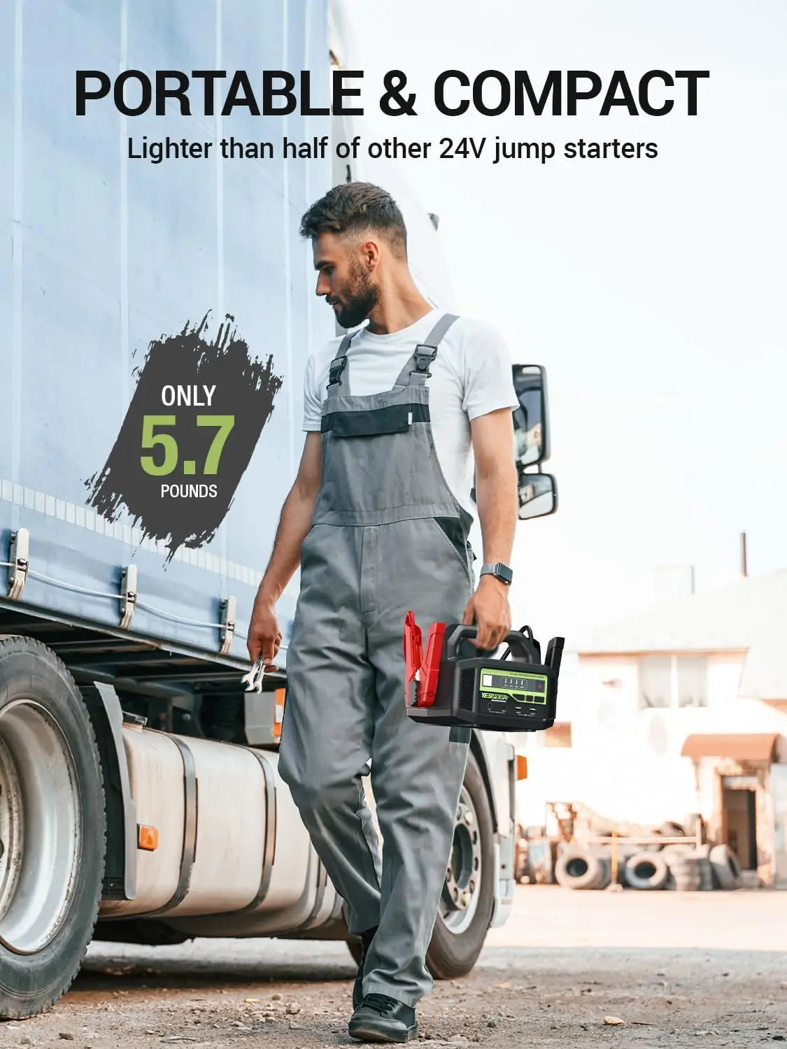 YESPER portable jump starter in black and green with a compact design.